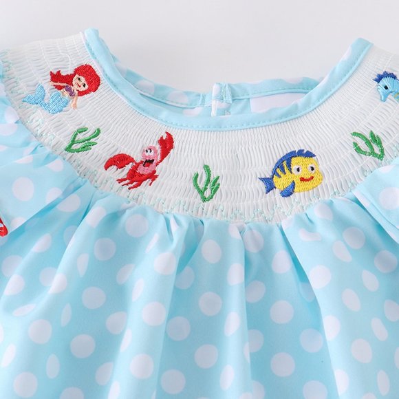 Little Mermaid Smocked Blue Polka Dot Dress Size 2T - Picture 2 of 6